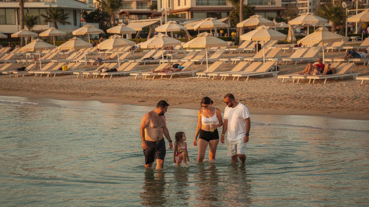 Shallow resort beach with sun loungers and a family wading in warm water